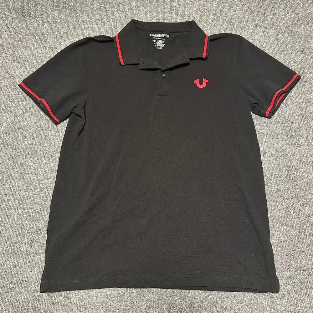 True Religion Mens Black Red Graphic Logo Short Sleeve Polo Shirt Medium 103071
